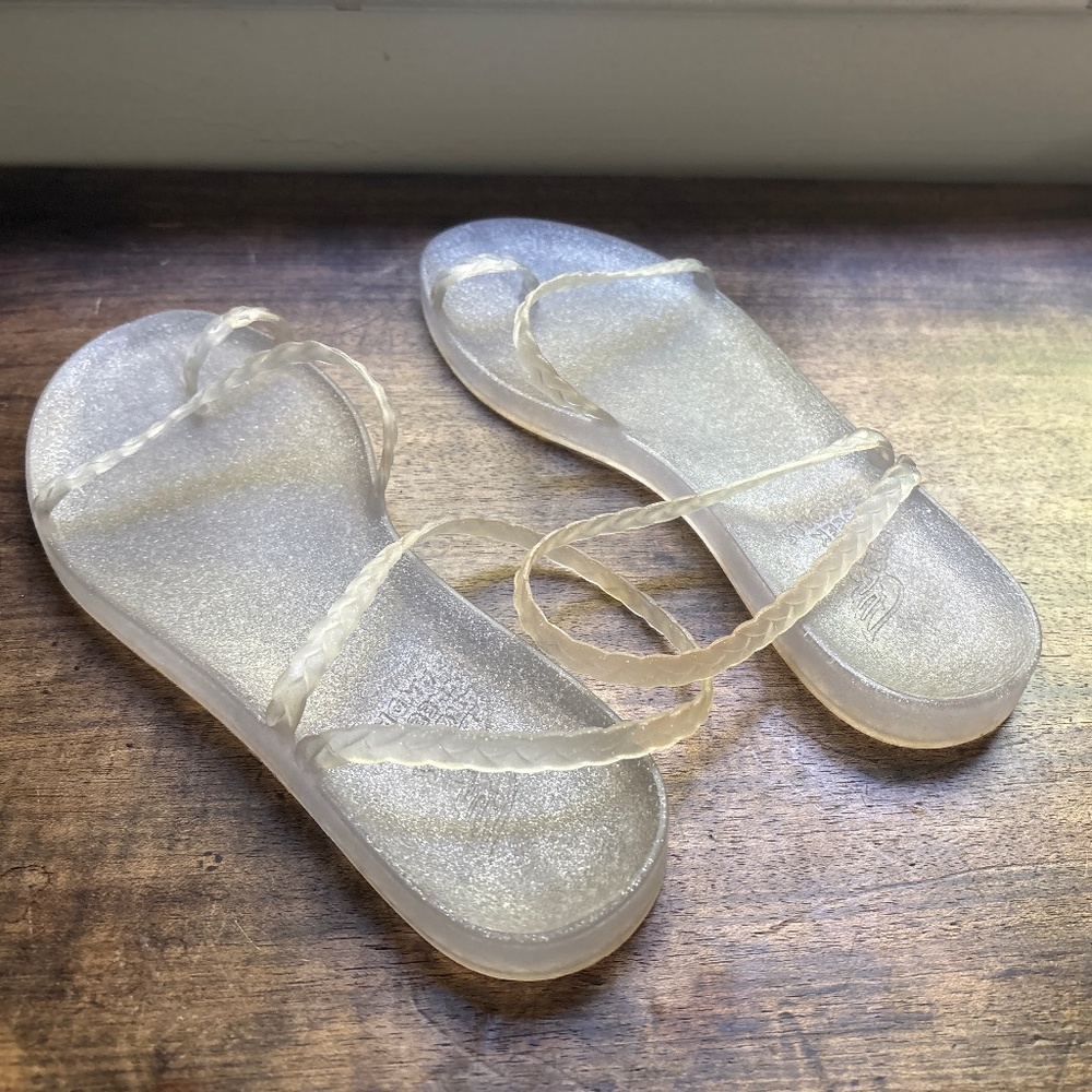 Ancient Greek clear jelly sandals w/silver glitter